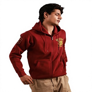 Men Red <b>Zip</b>-Up Hoodie Cotton French Terry Casual Autumn Wear Front Logo Pocket Design Regular Fit - Product Image 4