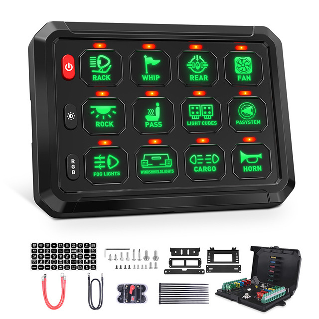 12 Gang Switch Panel P1B RGB LED Touch Control Box 1920W High Power Relay System with 4 Modes for Truck Boat RV UTV