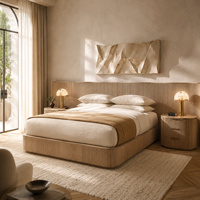 Ensemble de lit plateforme Darente en chêne américain moderne, taille personnalisable, cadre King avec 2 tables de chevet, suite de chambre à coucher de luxe en bois authentique