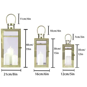 Set Of 3 Gold Stainless Steel Metal Outdoor Floor Hanging Lantern Candle Lantern Square Candle Holder For Wedding Aisle Decor