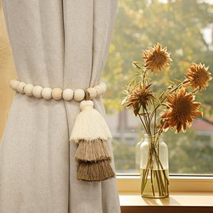 Attaches de rideau en perles de bois magnétiques faites à la main SRG, 2 pièces |   Attaches de rideaux magnétiques simples et élégantes avec pompon |   Accessoires Muraux - Product Image 5