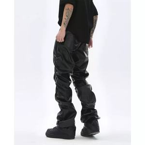 Wholesale Custom Black <b>Leather</b> Motorcycle Pants <b>for</b> <b>Men</b> High Street Style Slim Fit Pleated Bottom <b>Men's</b> <b>Trousers</b> - Product Image 3
