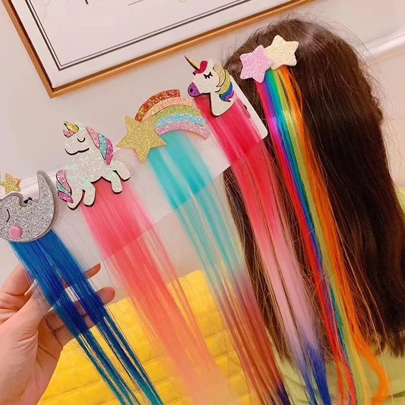 F&J Colorful Unicorn Hair Extensions Wigs Children Cute Star Shaped Polyester Extensions Wigs Hair Clips Set