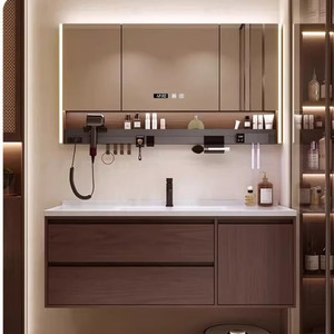 <b>Walnut</b> color bathroom <b>cabinet</b> mirror ceramic integrated hand wash basin smart mirror <b>cabinet</b> - Product Image 2