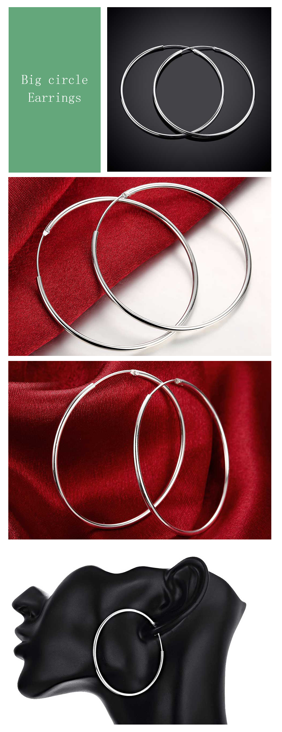 Orecchini a cerchio in argento Sterling 925, per donne e ragazze, 20, 30, 40, 50, 60, 70 mm, 40mm, Argento sterling, Nessuna pietra preziosa