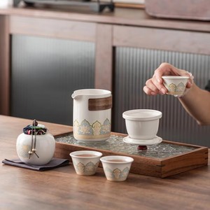 Premium Matte Ceramic Gilded Pattern Travel Tea Set With Storage Bag for Outdoor Camping Business Gift Wholesale - Product Image 1