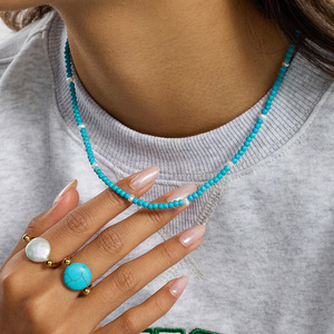 Turquoise Pearl <b>Beaded</b> <b>Necklace</b> Unisex Everyday Wear 18K Gold Stainless Steel Ball Shape JDN0306066 - Product Image 2