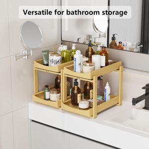 Organisateur sous évier en bambou, hauteur réglable, 2 niveaux, pour salle de bain, rangement coulissant pour armoire, étagère coulissante robuste pour cuisine - Product Image 5