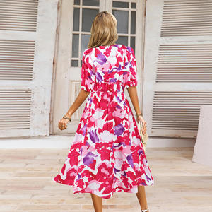 All'ingrosso abito lungo Maxi Boho manica a sbuffo abiti estivi stampati scollo a V abiti da donna di alta qualità - Product Image 3