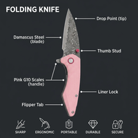 Couteau de poche pliant à lame Damas, manche G10, personnalisable, vente en gros, pour camping et collection, idéal comme cadeau, production rapide d'échantillons