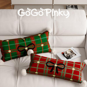 Slow Down <b>Christmas</b> Plaid Lumbar <b>Pillow</b> Oblong With Pom Poms Washable For Sofa Car Bedroom Decor - Product Image 4