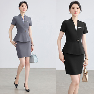 Women's Short Sleeve Suit Peplum Skirt Set Professional Workwear For Office Front <b>Desk</b> Hotel Jewelry Store Beauty Salon - Product Image 1