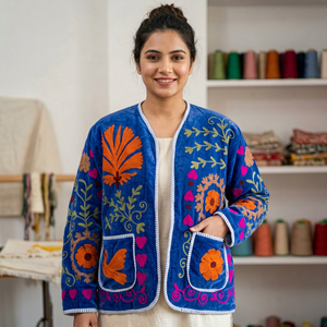 Blouson Bomber en Velours Bleu pour Femme, Broderie Main, Motif Uni, Manches Longues, Vêtement d'Extérieur Automne/Hiver, Fait Main, Style Suzani, Vente en Gros - Product Image 1