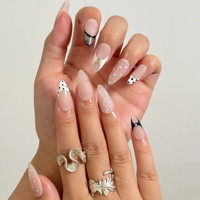 Faux ongles à presser en acrylique à pois et dentelle, forme amande, contraste noir et blanc, style French, pour fournisseurs en gros, salons de manucure et spas