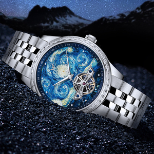 Reloj WM de Alta Calidad, Luminoso, Metálico, para Hombre, de Negocios, Automático, Mecánico, Serie <span class=keywords><strong>Pintura</strong></span> al Óleo Noche Estrellada, Esqueleto, WellyMerck - Product Image 5