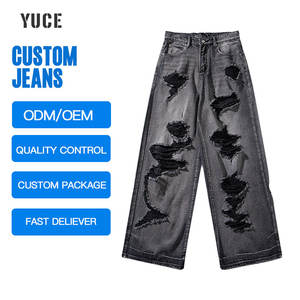 กางเกงยีนส์เดนิมยี่ห้อ YUCE สไตล์สตรีทแวร์ลำลอง ลุควินเทจ ขาดเซอร์ๆ ทรงขาบานสไตล์คาวบอย Y2K - Product Image 1