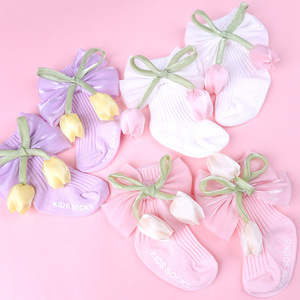 Calcetines de punto exclusivos transfronterizos <span class=keywords><strong>para</strong></span> bebés y niños, diseño de princesa a media pantorrilla con decoración de lazo de flor tridimensional - Product Image 2