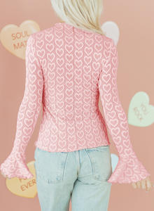 Dear-Lover Vente en gros <span class=keywords><strong>Haut</strong></span> ajusté pour femme en jacquard rose transparent à motif cœur, col montant et manches <span class=keywords><strong>évasée</strong></span>s, à manches longues pour la Saint-Valentin - Product Image 2