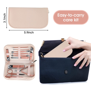 Ensemble portable de coupe-ongles et d'outils de beauté, ensemble de manucure rose gold, 12 en 1. Acier inoxydable martensitique, sac en cuir rose - Product Image 5