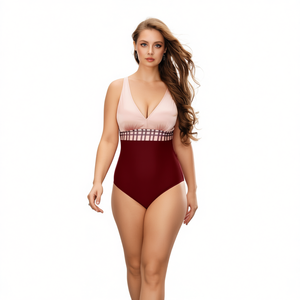 Costume da bagno intero HDJ Plus Size con scollo a V profondo, controllo pancia, vita alta, bordo a contrasto, fantasia a quadri, in Spandex Nylon da donna - Product Image 2