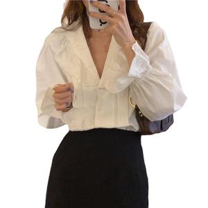 <span class=keywords><strong>Blusa</strong></span> elegante de mujer con ojales de <span class=keywords><strong>encaje</strong></span> blanco y mangas farol con cuello de <span class=keywords><strong>encaje</strong></span> personalizado de gran oferta - Product Image 1