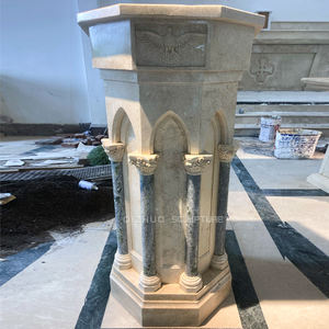 卸売手彫り宗教教会ナチュラ混合色石教会洗礼盆地彫刻大理石水フォント像 - Product Image 5