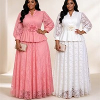 Set Rok Maxi Ukuran Besar ATP060665 Kerah Tegak Lengan Lentera Atasan Ruffle Bunga 3D + Rok Maxi Renda Set Pakaian Wanita 2 Potong