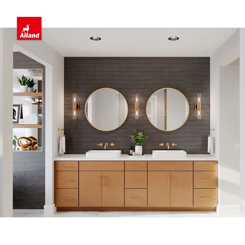 Allandcabinets Modern Solid Wood Washroom Bathroom Vanity, Bathroom Washroom Cabinets Flat Door Panel and Double Sinks