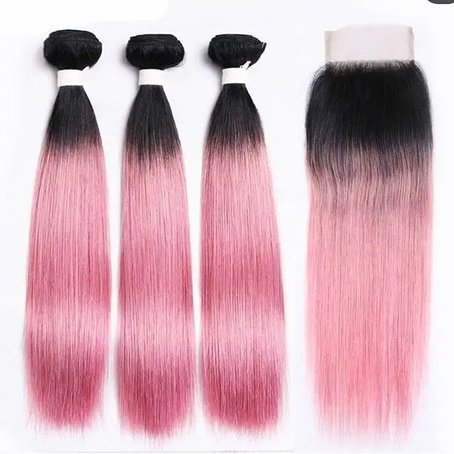 Remy Indian Body Wave Hair Extension 3 Bundles 1B Pink Ombre Color Body Wave Weft And Frontal