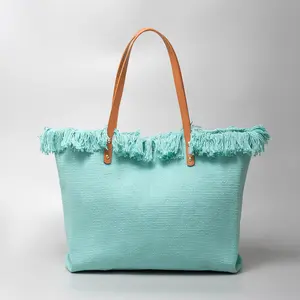 TS Summer Beach Handbags Shoulder Fashion Large Travel Blank Canvas Tassel Fringe Tote Bag For Women