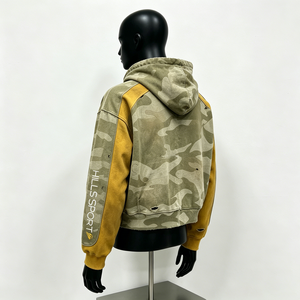 Felpa con Zip <span class=keywords><strong>Y2K</strong></span>, Patchwork Mimetico Giallo Senape, Giacca Vintage Effetto Invecchiato con Grafica Personalizzata - Product Image 4