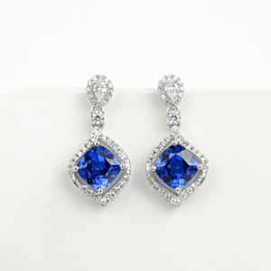 925 Sterling <b>Silver</b> Cushion Cut Lab Created Sapphire Drop <b>Earrings</b> with Halo CZ Accents - Product Image 1