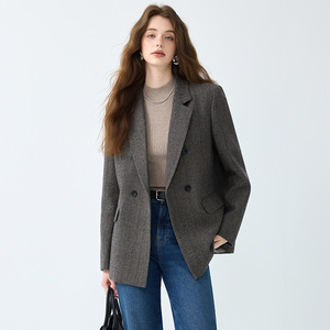 Women's Wool Blazer Grey Solid Color Slim Fit Professional Workwear Autumn Winter Style - Product Image 2