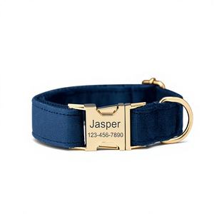 Collar personalizado para perro y conjunto de correa con pajarita, collar de terciopelo azul marino, regalo de boda para cachorro, envío gratis - Product Image 1