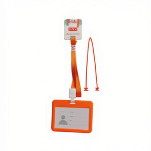 Porta badge orizzontale ILAN con cordino da 43 cm, colore arancione, per badge da lavoro - Product Image 1