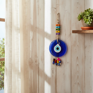 Mal de ojo de vidrio tejido de mimbre y colgante de pared con cuentas de plástico colorido Ornamentz - Product Image 3