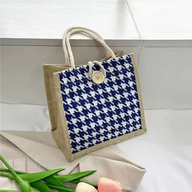 Moda Versatile tela di iuta modello etnico di benvenuto regalo promozionale evento riutilizzabile juta Tote Bag con Custom