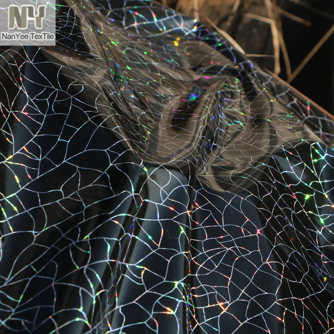 Nanyee Textile New China 100% PU Black Holographic Spider Web Foil PU Fabric