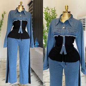 Nuova Moda 2025 Completo in Denim da Donna in 2 Pezzi Stile Cowboy Retrò Edizione Larga con Maniche Lunghe e Lavaggio Chiaro per l'Estate - Product Image 4