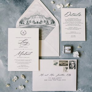 Invitation <span class=keywords><strong>de</strong></span> mariage personnalisée en lettres imprimées en relief noires avec illustration <span class=keywords><strong>de</strong></span> lieu <span class=keywords><strong>de</strong></span> mariage en aquarelle et monogramme <span class=keywords><strong>de</strong></span> verdure simple - Product Image 1