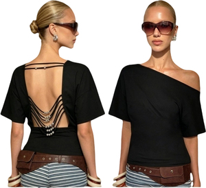 Camiseta de Verano para Mujer, Estilo Gótico Oscuro, con Cuentas, sin Espalda, Manga Corta, Ecológica, para Fiesta, Sexy, con Hombros Descubiertos, Holgada - Product Image 1