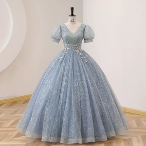 Princess Evening Gown <b>Light</b> Blue V-<b>neck</b> Empire Waist Ball Gown Floral Print Spring Formal Dress - Product Image 1