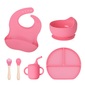Ensemble d'alimentation classique en silicone pour bébé pour la diversification alimentaire - Bols à <span class=keywords><strong>ventouse</strong></span> réutilisables, assiettes compartimentées, bavoir réglable, cuillères, fourchettes, tasse - Product Image 2