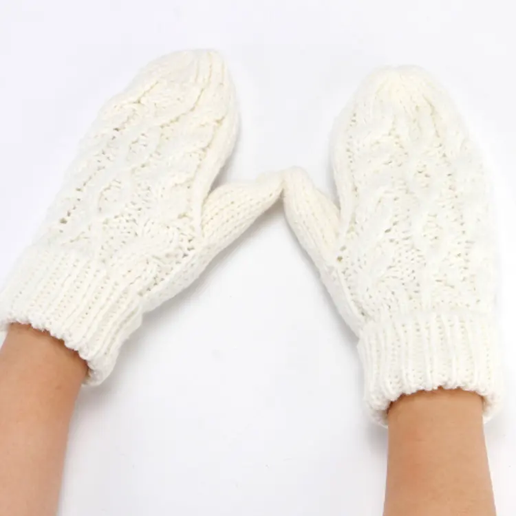 F-093 hot sale plain color white winter gloves custom knitted cable gloves unisex women men fleece lining snowboard mittens