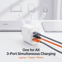 Cargador de Viaje Multi-PD QC de 3 Puertos y 65W, 2 Puertos PD Tipo-C, 1 Puerto USB-A, Compacto, Blanco, Enchufe Estándar Europeo, Cargador Portátil para Portátil, Venta al Por Mayor