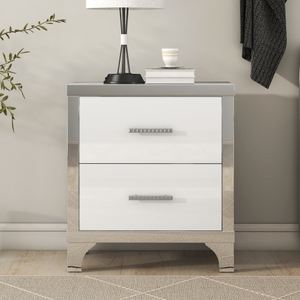 Modern Bedroom End Table Sofa Side Table Elegant High Gloss White <strong>Nightstand</strong> <strong>Mirrored</strong> 2 Drawer Bedside Table - Product Image 4