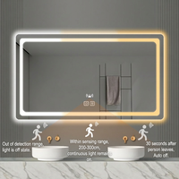 Miroir de salle de bain intelligent carré moderne pour hôtel, personnalisé, LED trois couleurs, gradation, anti-buée, 6 touches, haut-parleur, écran tactile