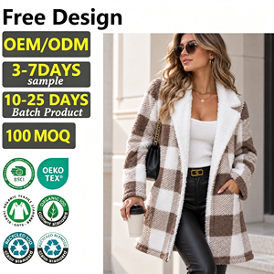 Abrigo de Sherpa a Cuadros para Mujer con Logotipo Personalizado, Solapa con Muescas, Largo Medio, Marrón y Blanco, de Felpa Cálida para Invierno - Product Image 1
