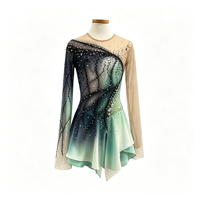 Robe de patinage artistique dégradé menthe-noir à manches longues avec strass et maille, costume de compétition de patinage sur glace personnalisé pour filles et femmes