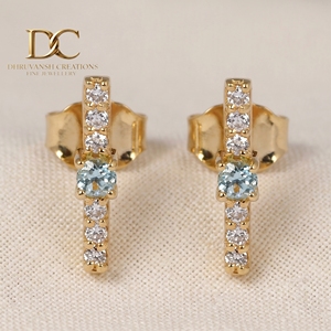 Boucles d'oreilles clous en or massif 14 carats avec diamant de laboratoire certifié IGI et Yag Paraiba bleu de laboratoire, bijoux fins minimalistes pour femme - Product Image 1